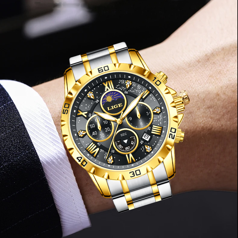 Luxury Watch Moon Phase - LIGE Jam Tangan Pria Kuarsa Bermerek