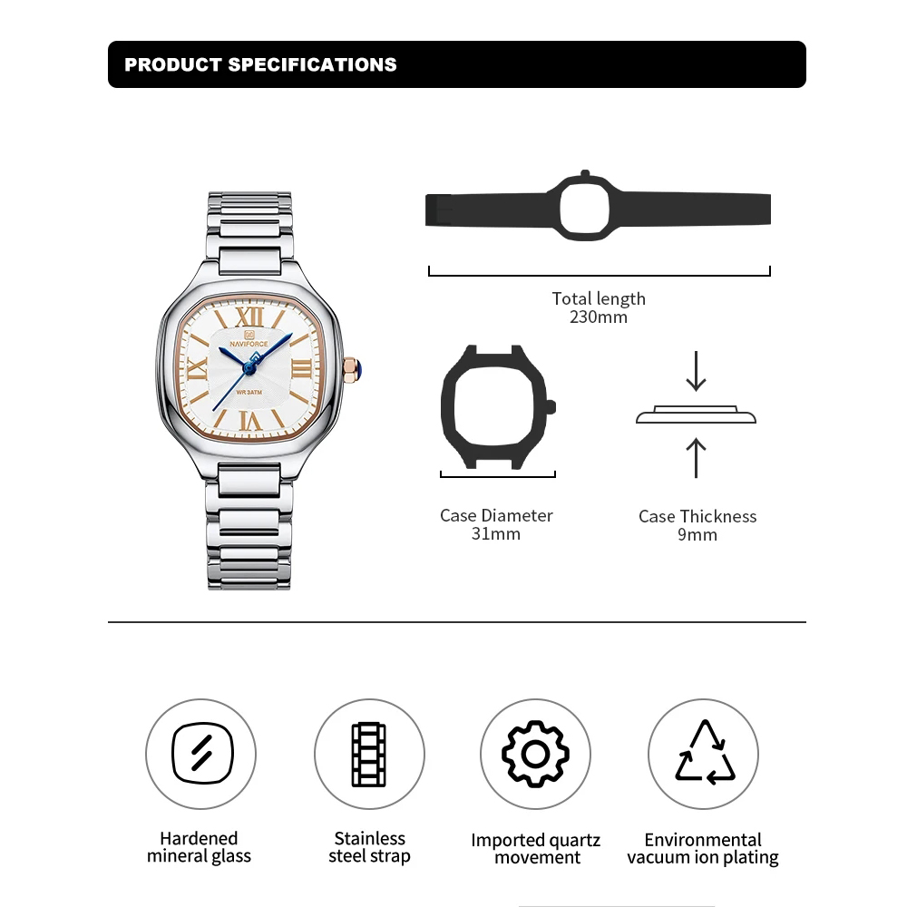 NAVIFORCE Jam Tangan Wanita Me - Luxury Watch Square ulasan dan harga