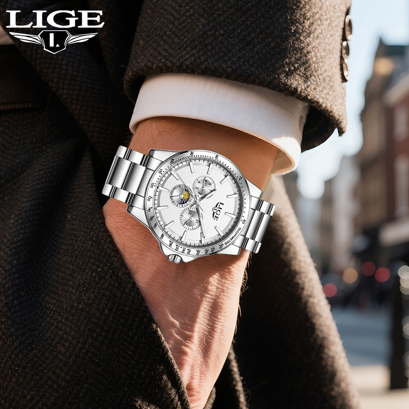 LIGE Jam Tangan Pria Kuarsa Be - Luxury Watch Moon Phase ulasan dan harga